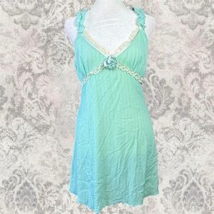 Mint Green Y2K Summer Rose Mini Women’s Medium Slip Dress with Lace Details